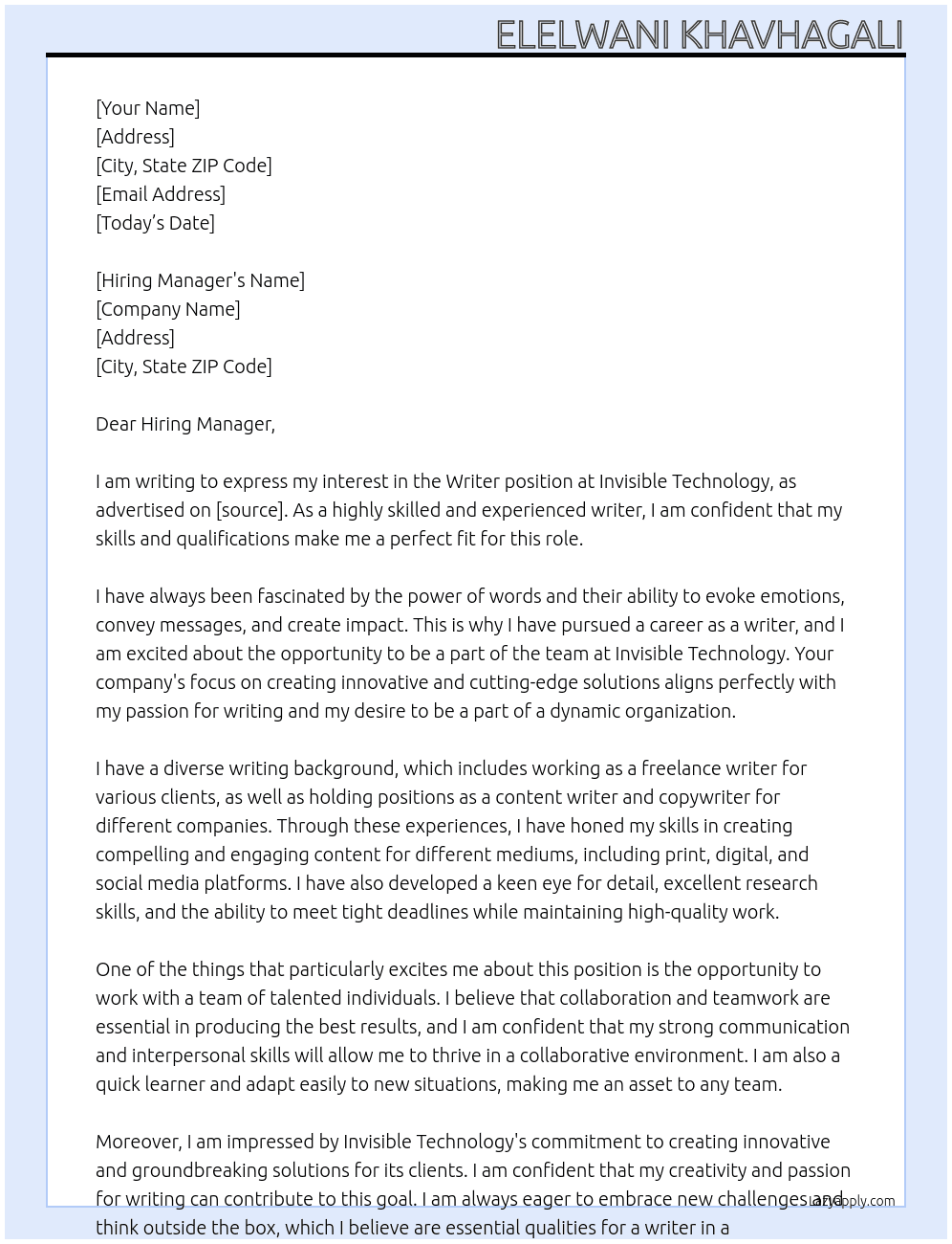 Writer  At Invisible Technology Cover Letter