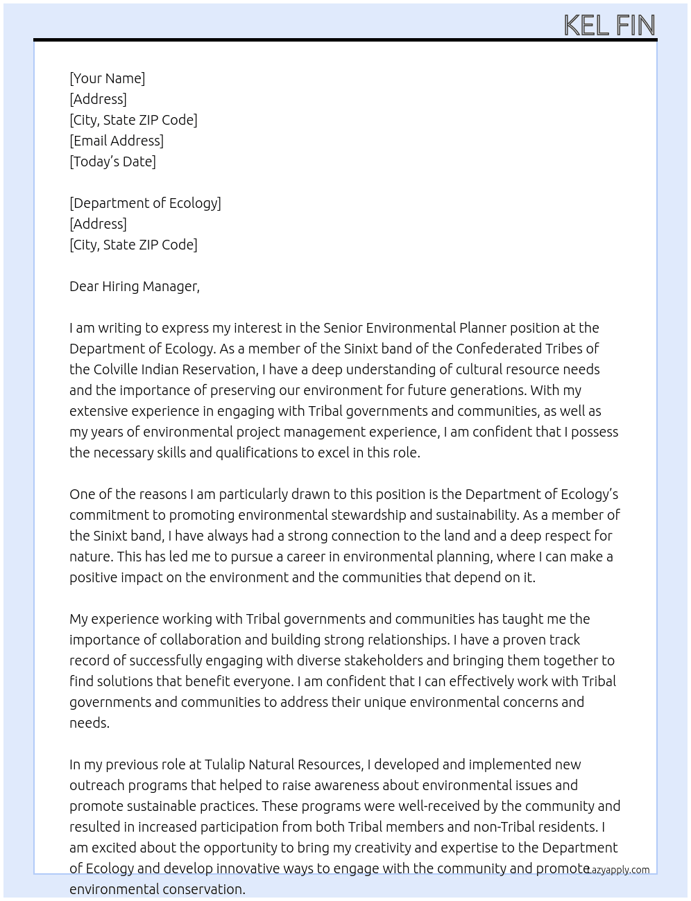 Senior Environmental Planner At Department of Ecology Cover Letter