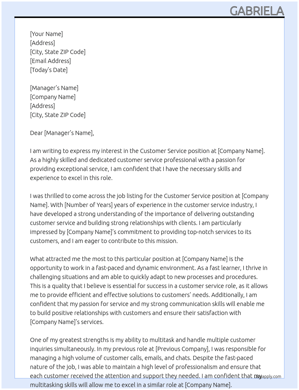 Customer service  At Service company Cover Letter