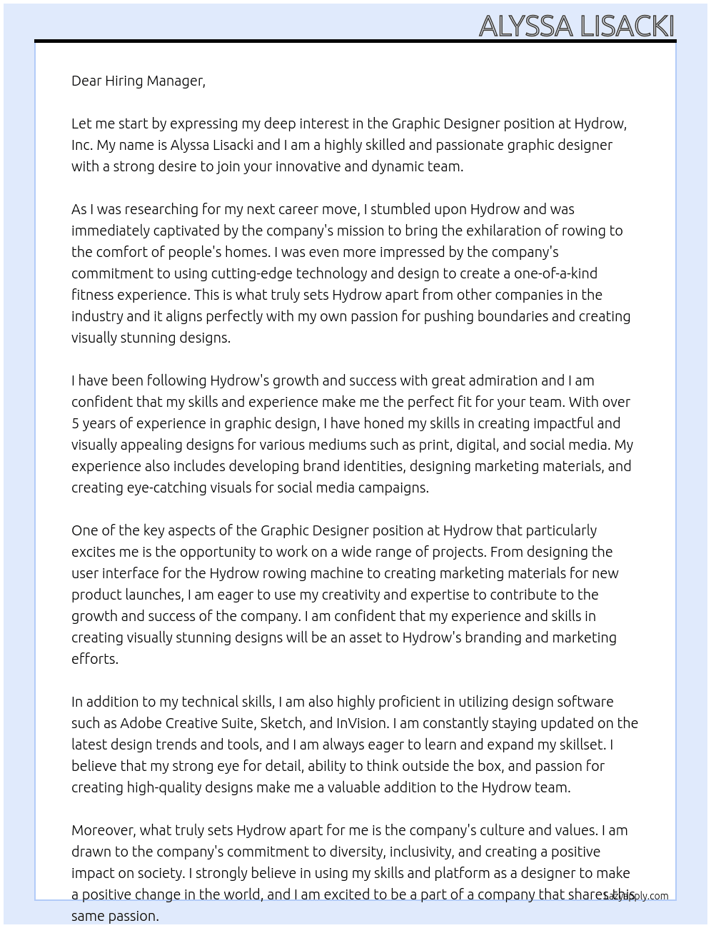 graphic designer At Hydrow, Inc.  Cover Letter