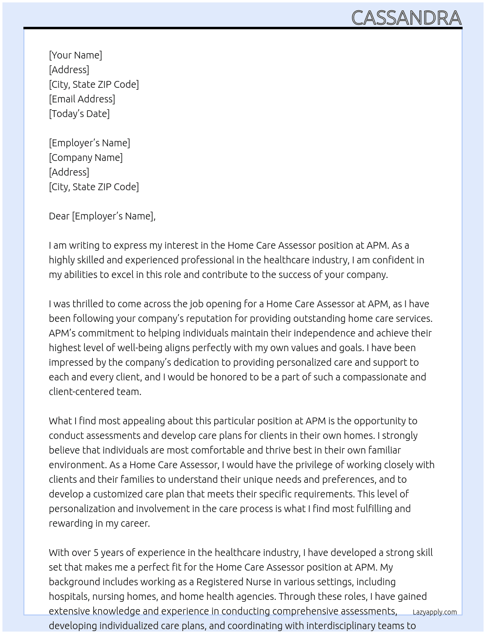 home care assessor At apm Cover Letter
