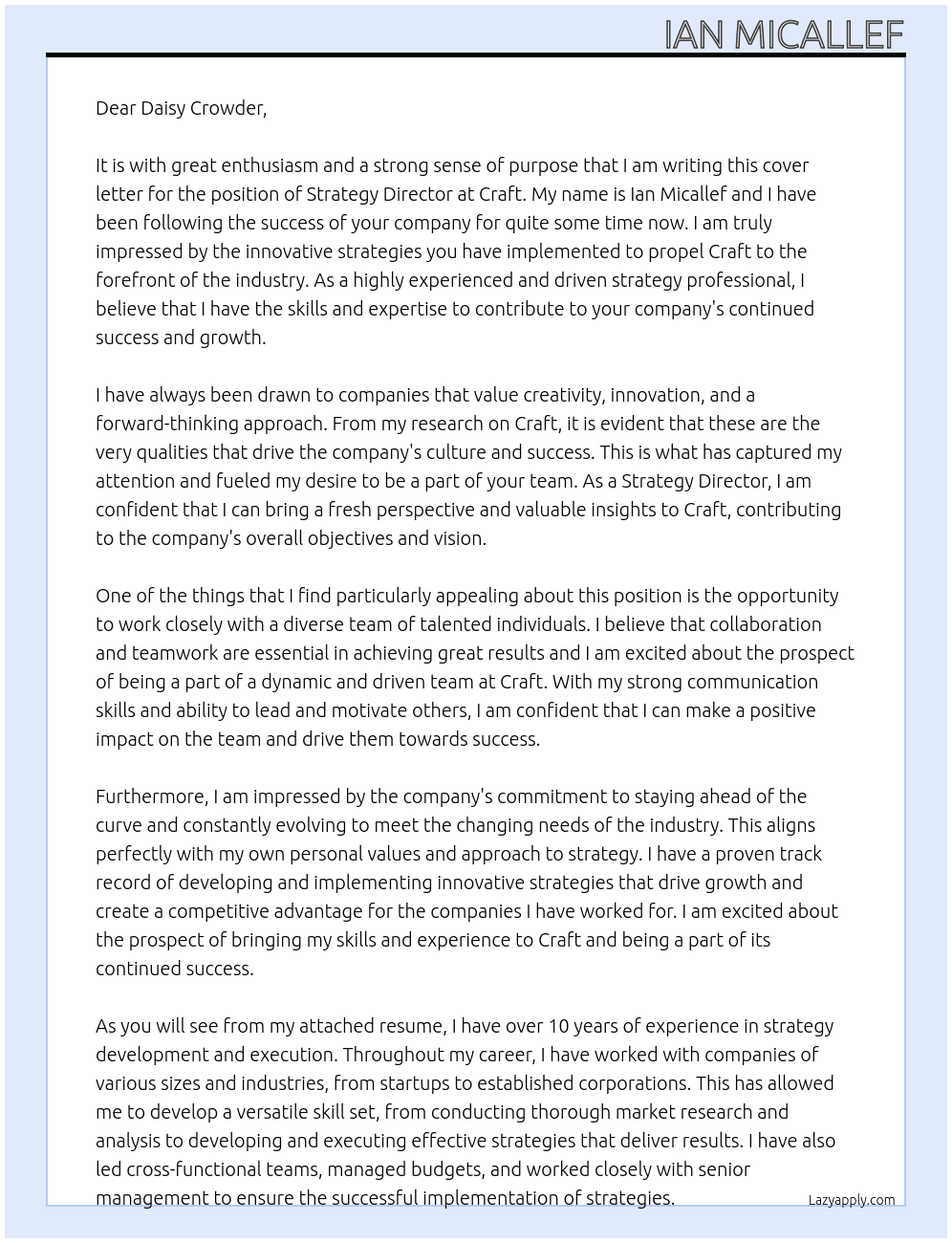 Strategy Director At Craft Cover Letter