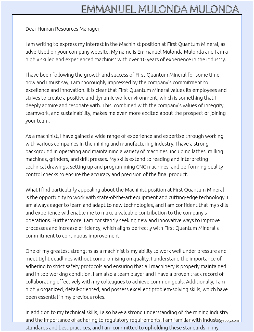 Machinist  At First quantum Mineral  Cover Letter