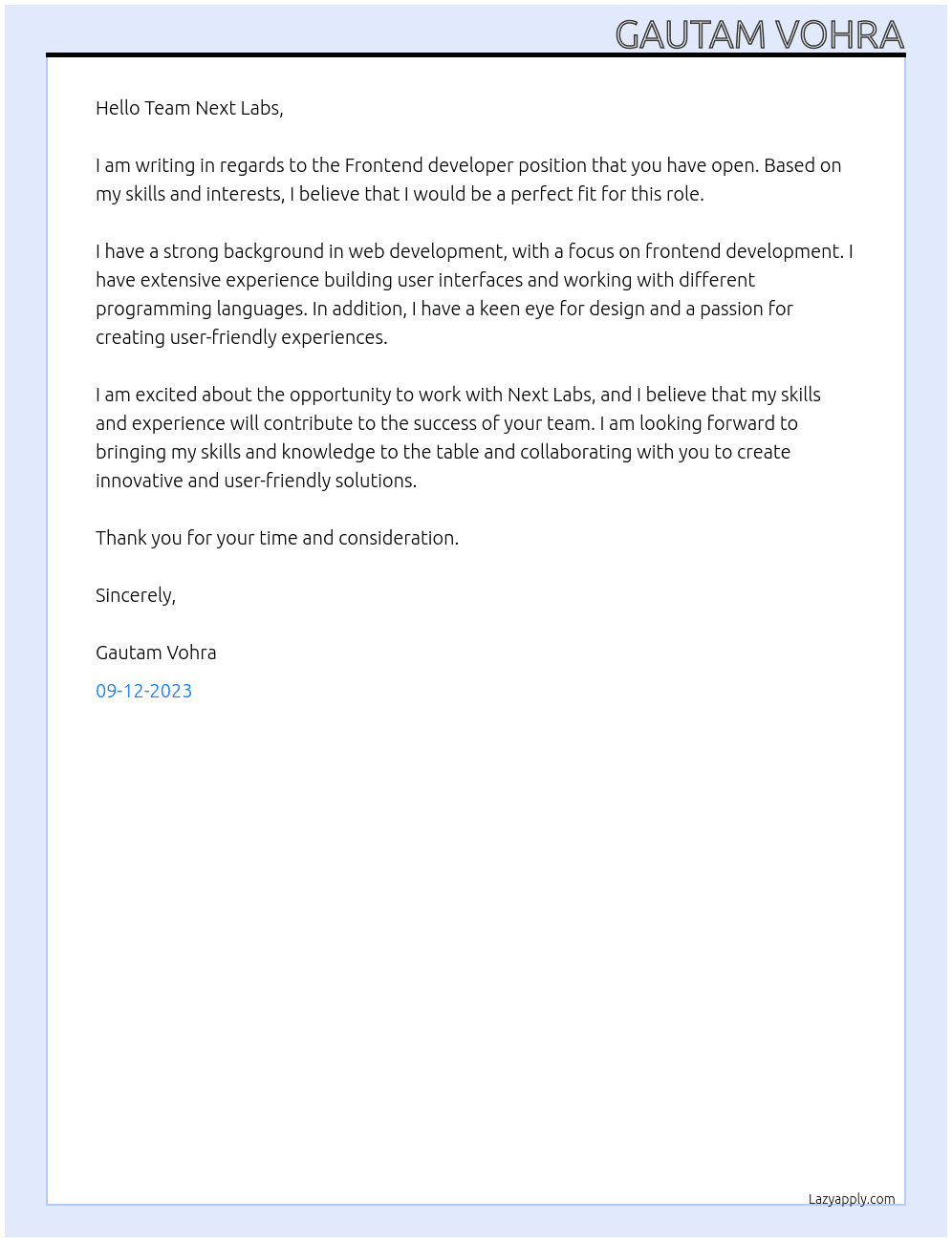 Frontend developer  At Next Labs Cover Letter