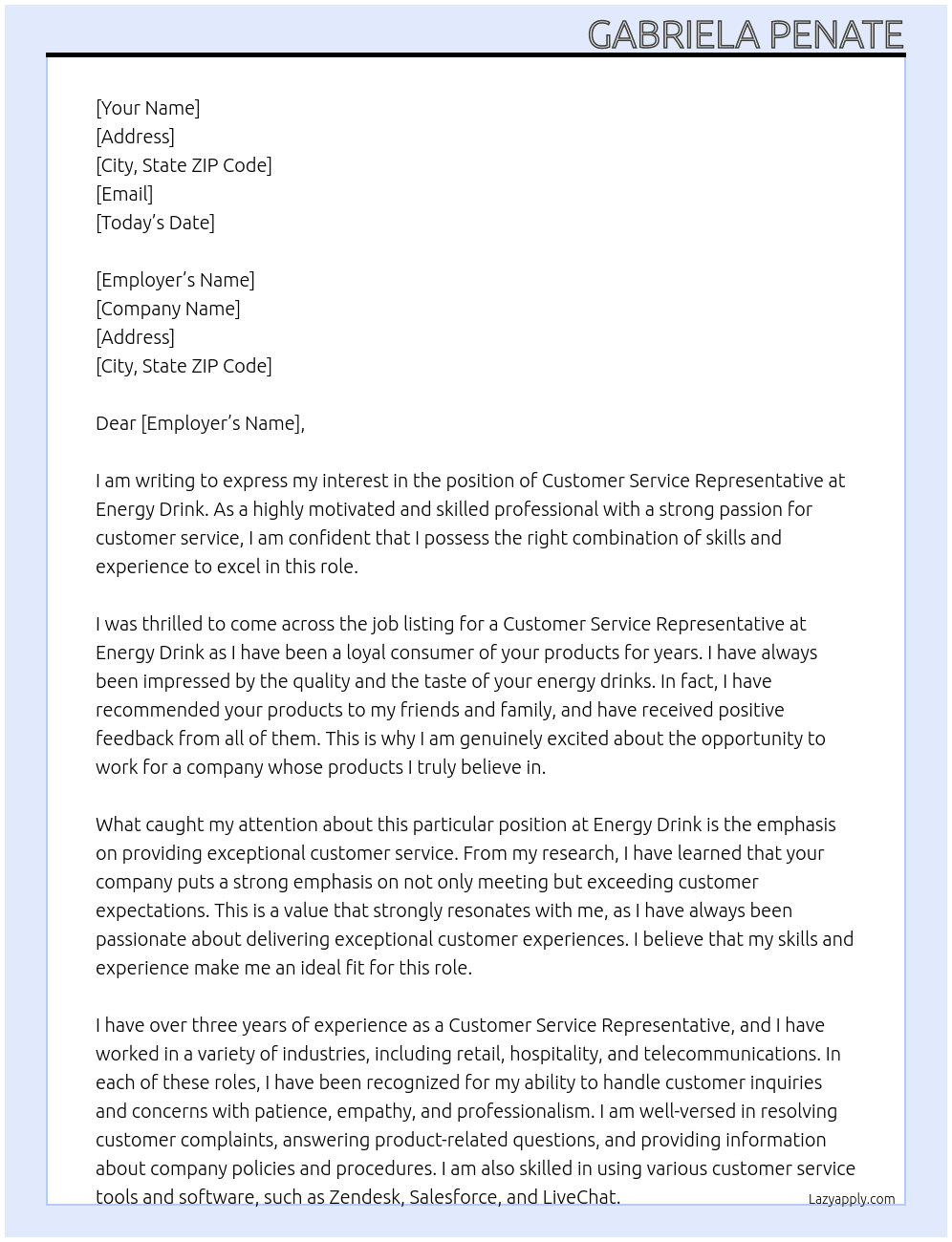  customer service representative At Energy drink Cover Letter