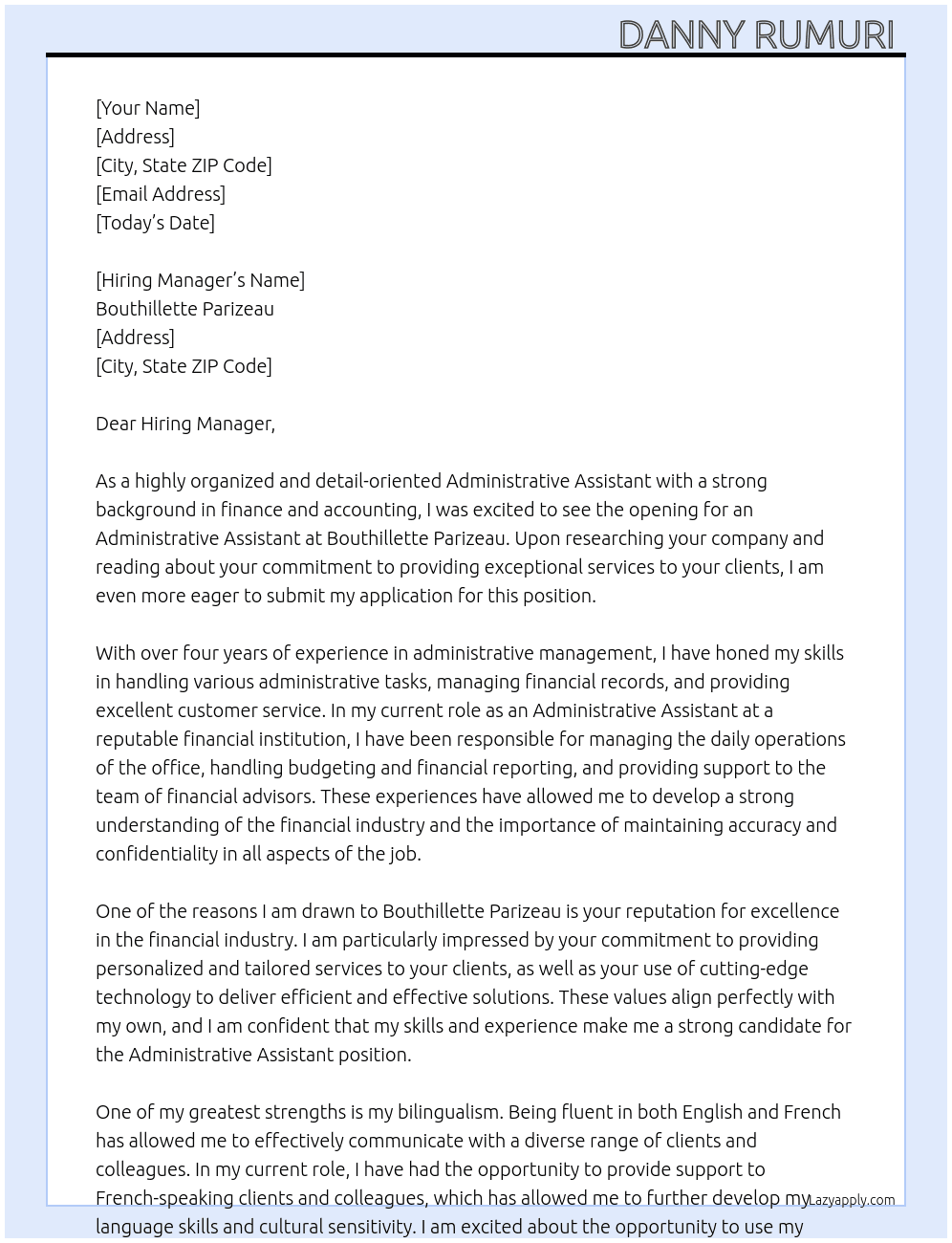 Administrative Assistant  At Bouthillette Parizeau Cover Letter