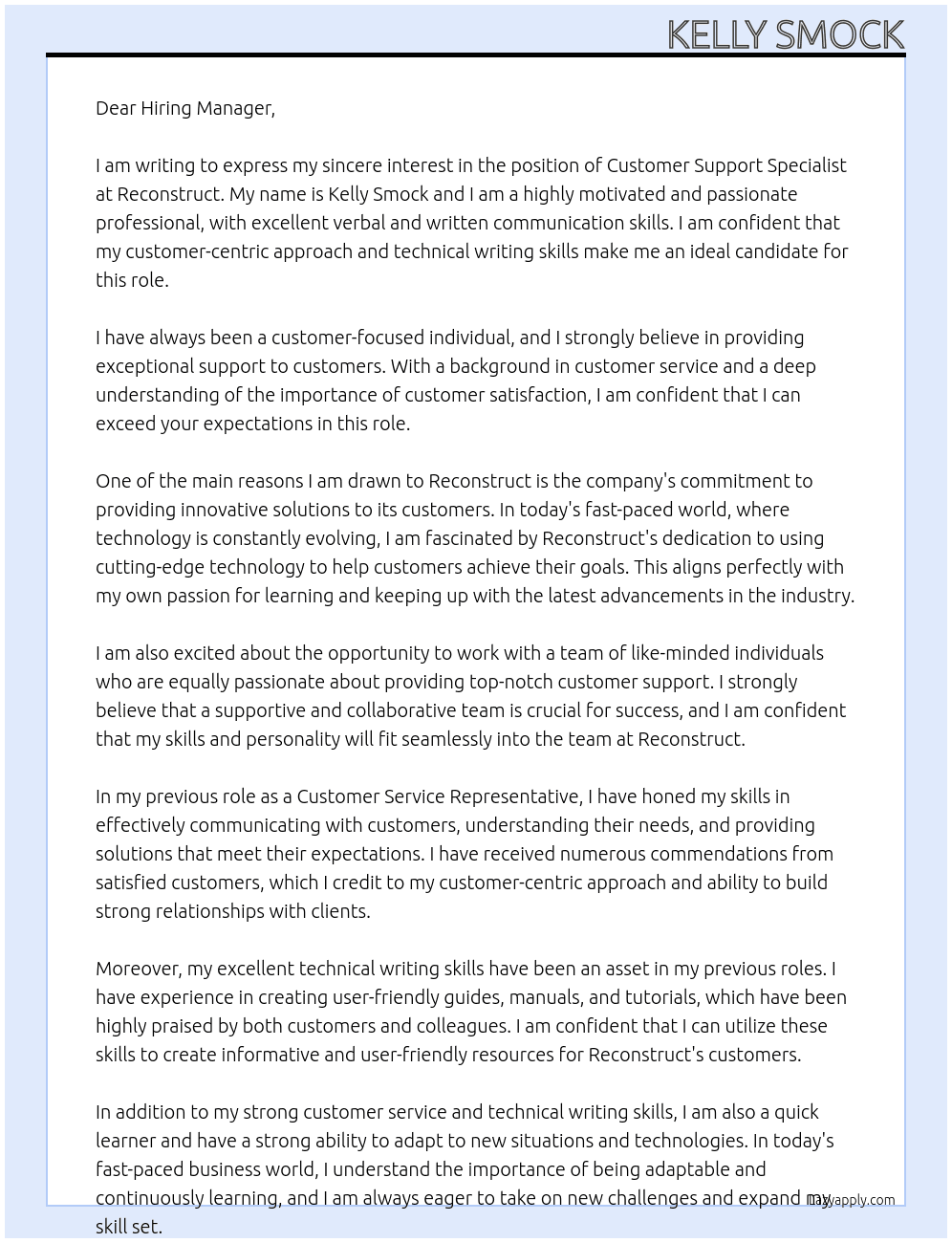 Customer Support Specialist At Reconstruct Cover Letter