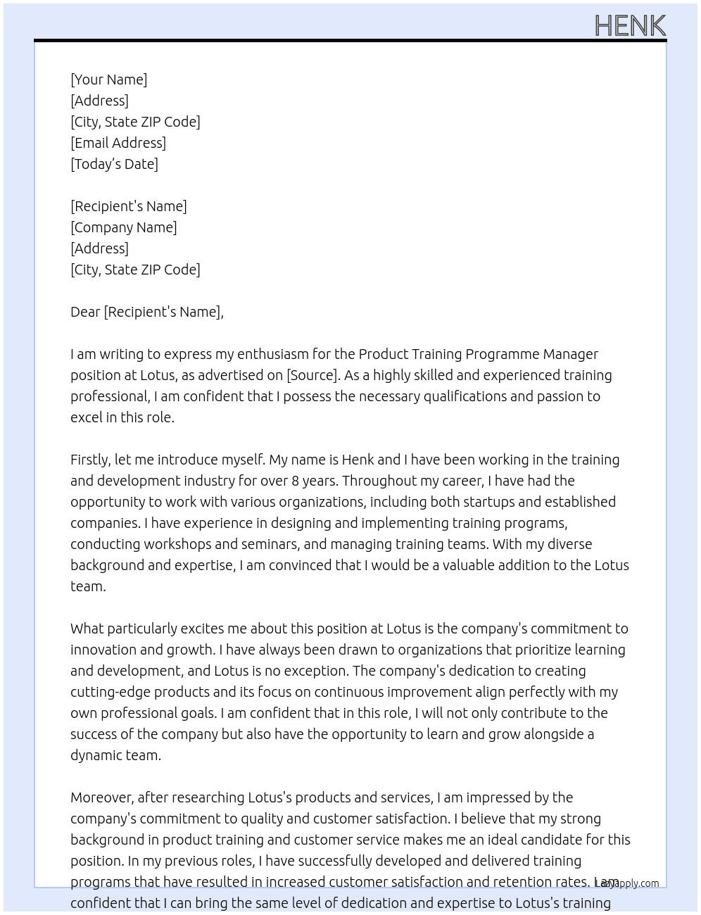 Product Training Programme Manager At Lotus Cover Letter
