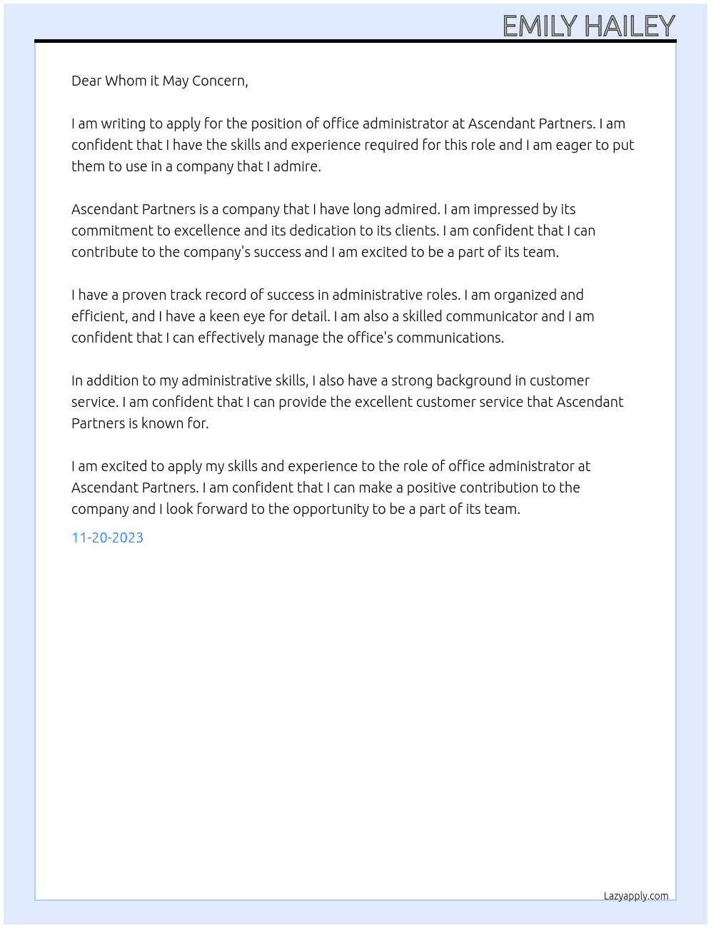 office administrator At Ascendant Partners Cover Letter