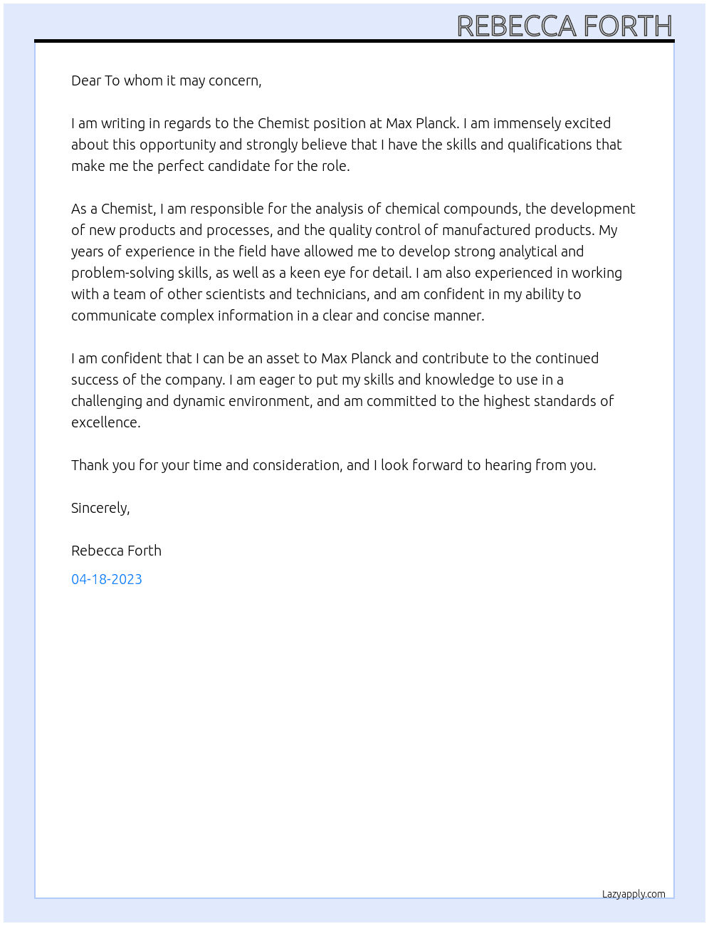 Chemist At Max Planck  Cover Letter