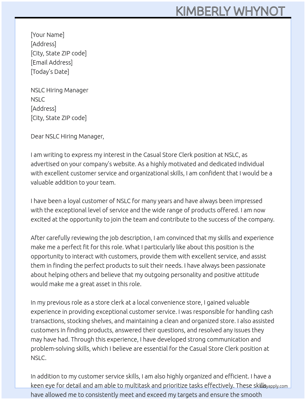 Casual store Clerk At NSLC Cover Letter