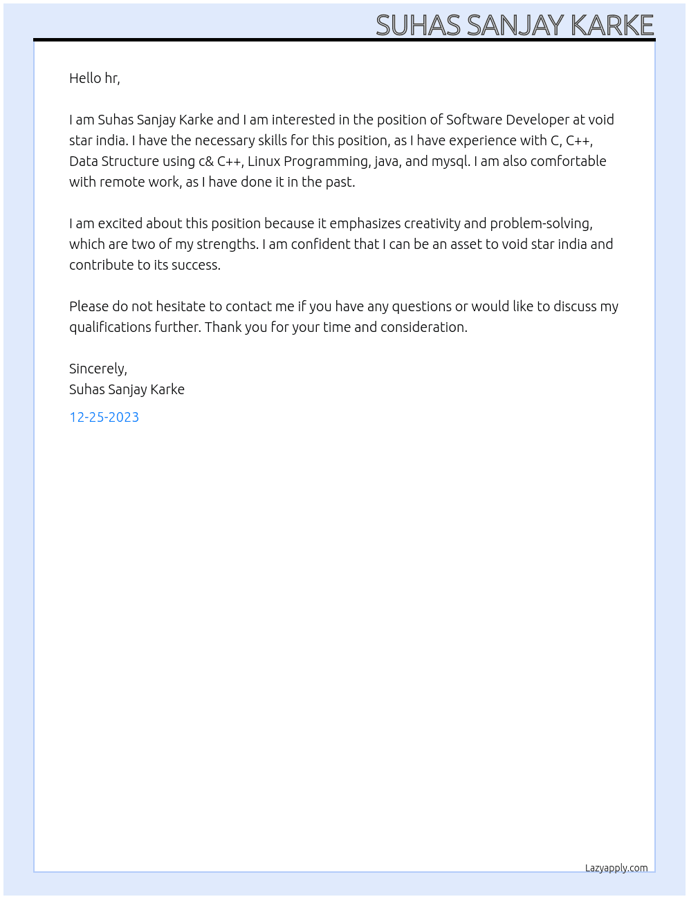 Software Devloper At void star india Cover Letter