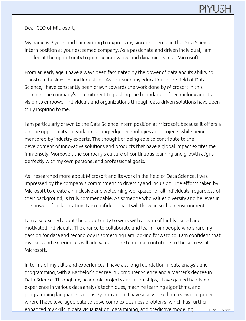data science intern At micrsoft Cover Letter