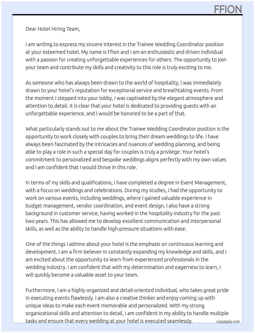 Cover letter for trainee wedding coordinator - LazyApply