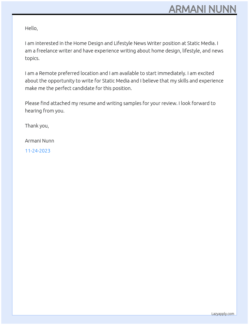 Home Design and Lifestyle News Writer At Static Media Cover Letter