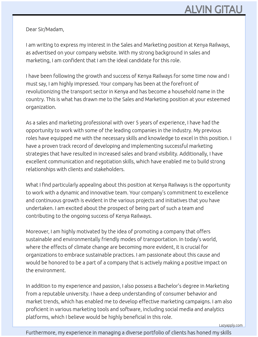 Sales and marketing  At Kenya Railways Cover Letter