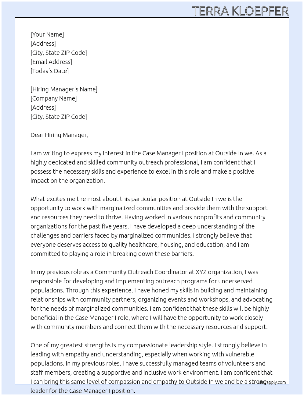 Case Manager I At Outside In we Cover Letter