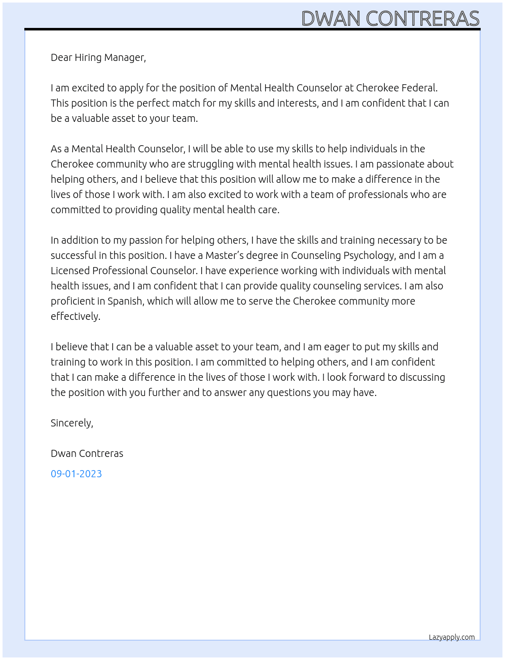Mental Health Counselor At Cherokee Federal Cover Letter