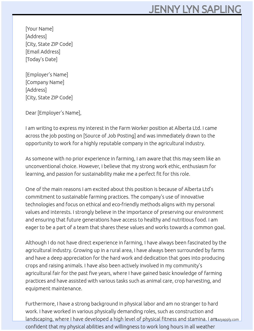 Farm worker no experience At Alberta ltd Cover Letter