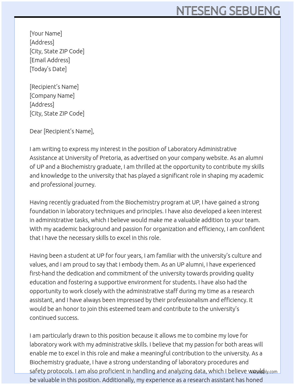 Laboratory administrative assistance At University of Pretoria Cover Letter