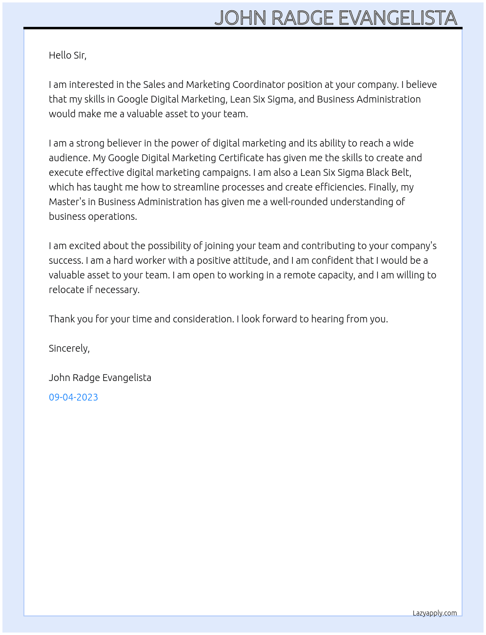 Sales and Marketing Coordinator  At For you company Cover Letter