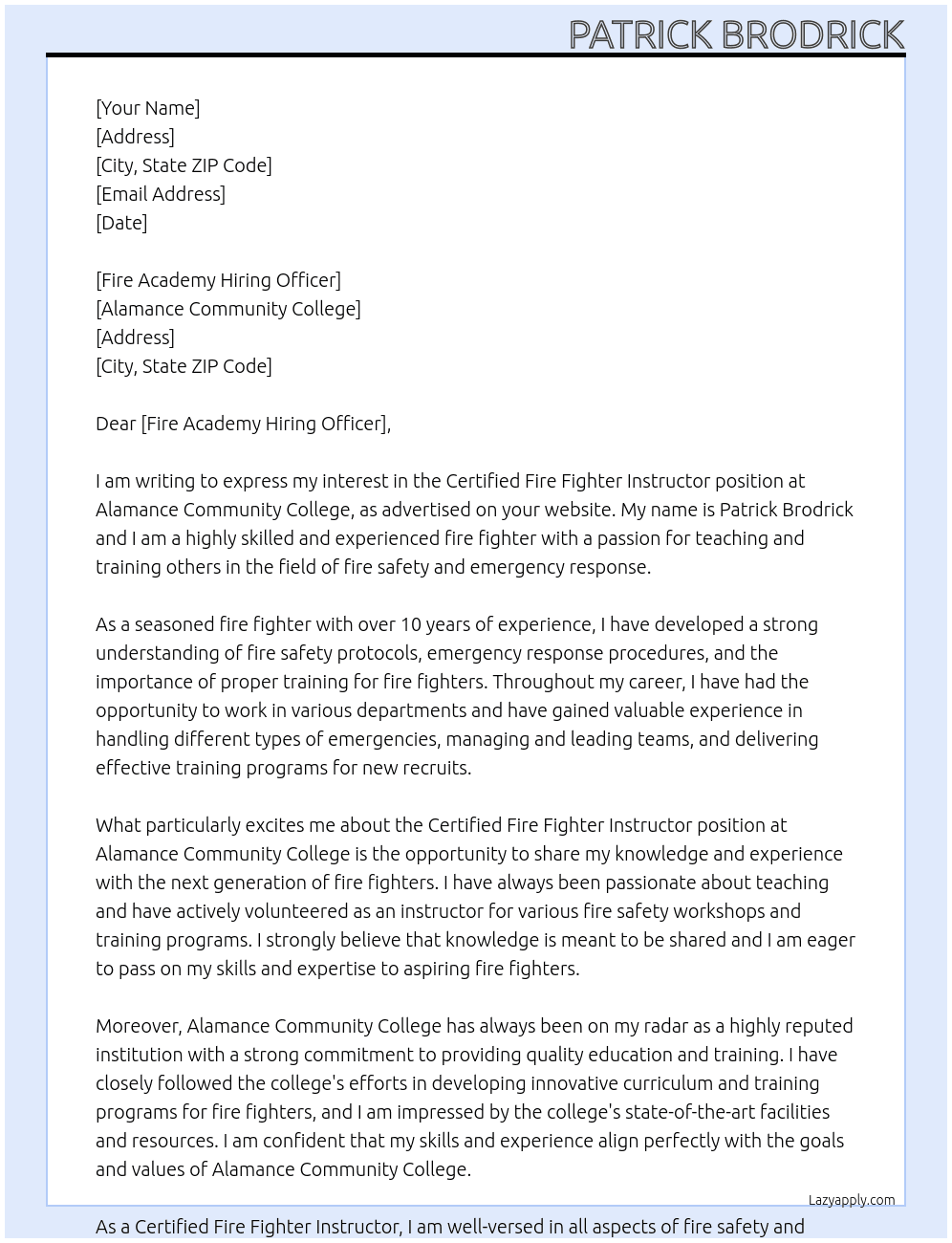 Certified Fire Fighter instructor At Alamance Community College Cover Letter
