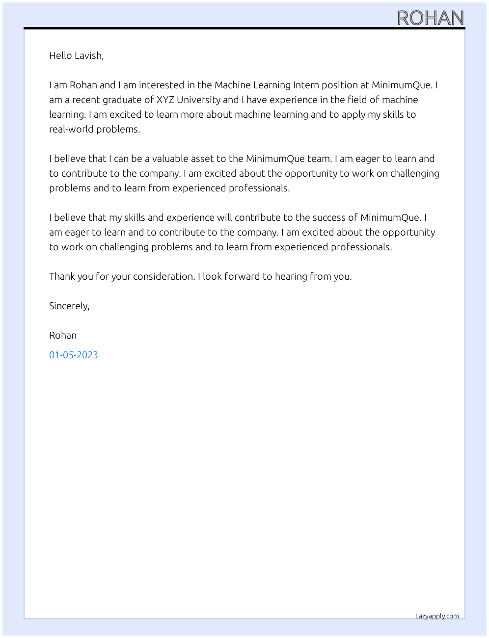 Machine Learning Intern At MinimumQue Cover Letter