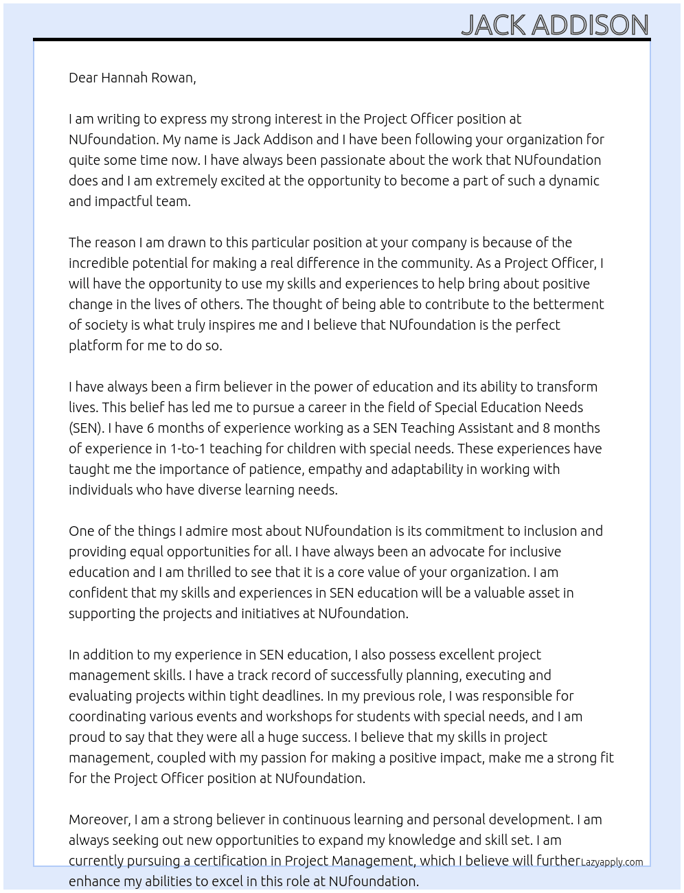 Project officer  At NUfoundation Cover Letter