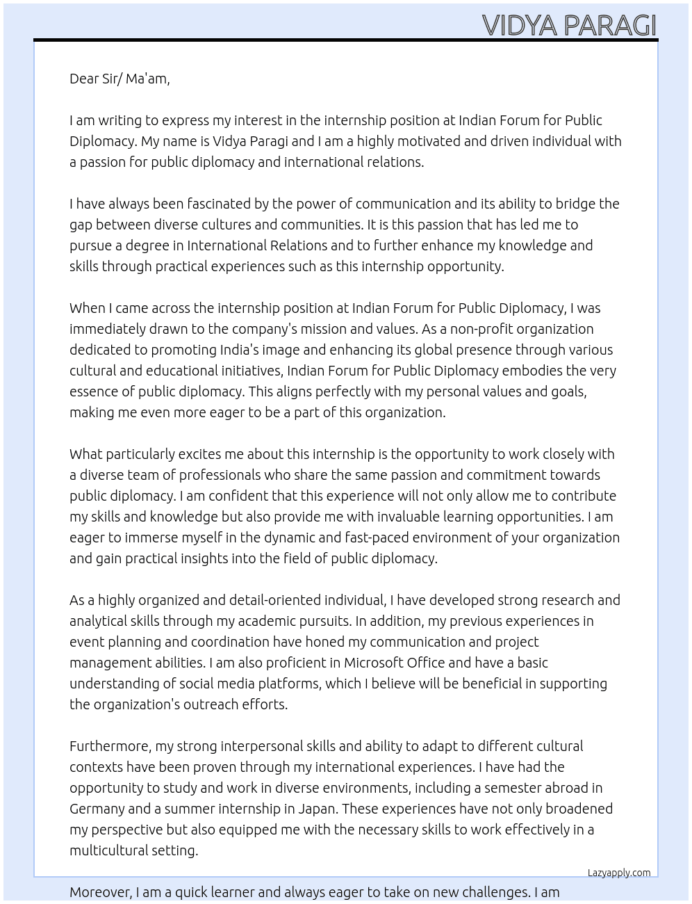 Internship At Indian Forum for Public Diplomacy Cover Letter