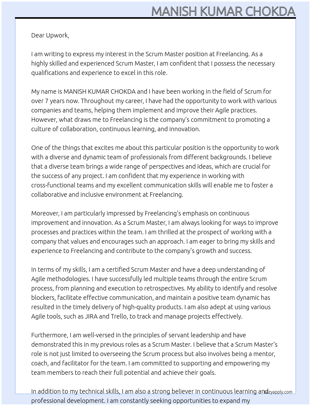 Scrum Master At Freelancing Cover Letter