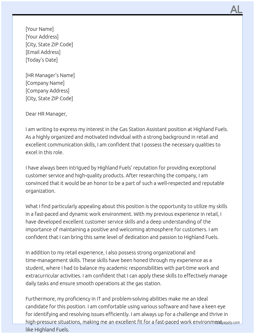 Gas Station Assistant At Highland Fuels Cover Letter