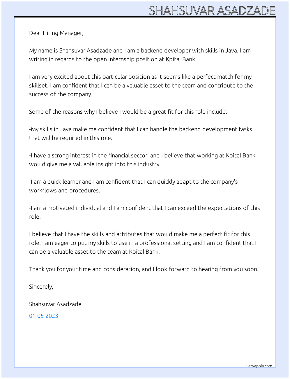 Backend Developer  At Kpital Bank Cover Letter