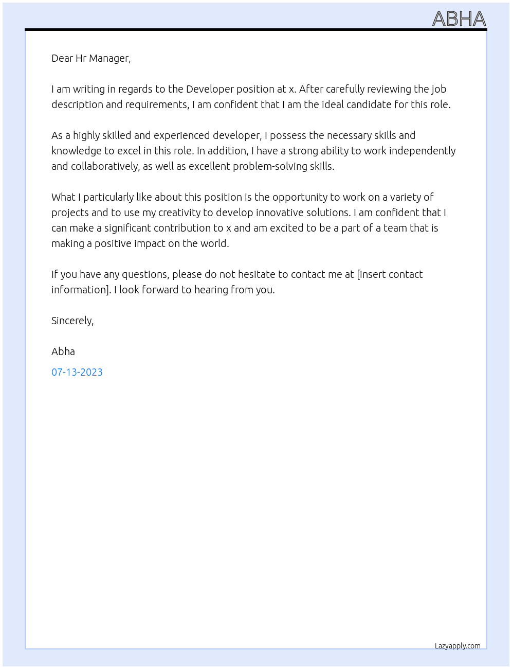 Developer At x Cover Letter
