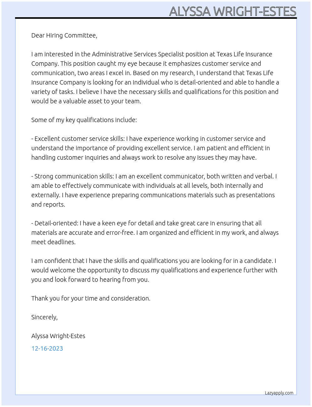 Administrative Services Specialist At Texas Life Insurance Company Cover Letter