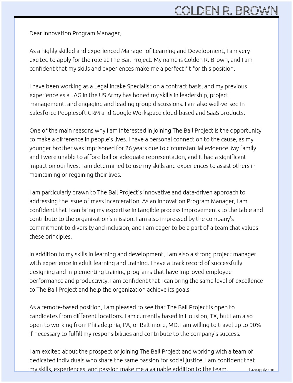 Manager of Learning and Development At The Bail Project Cover Letter