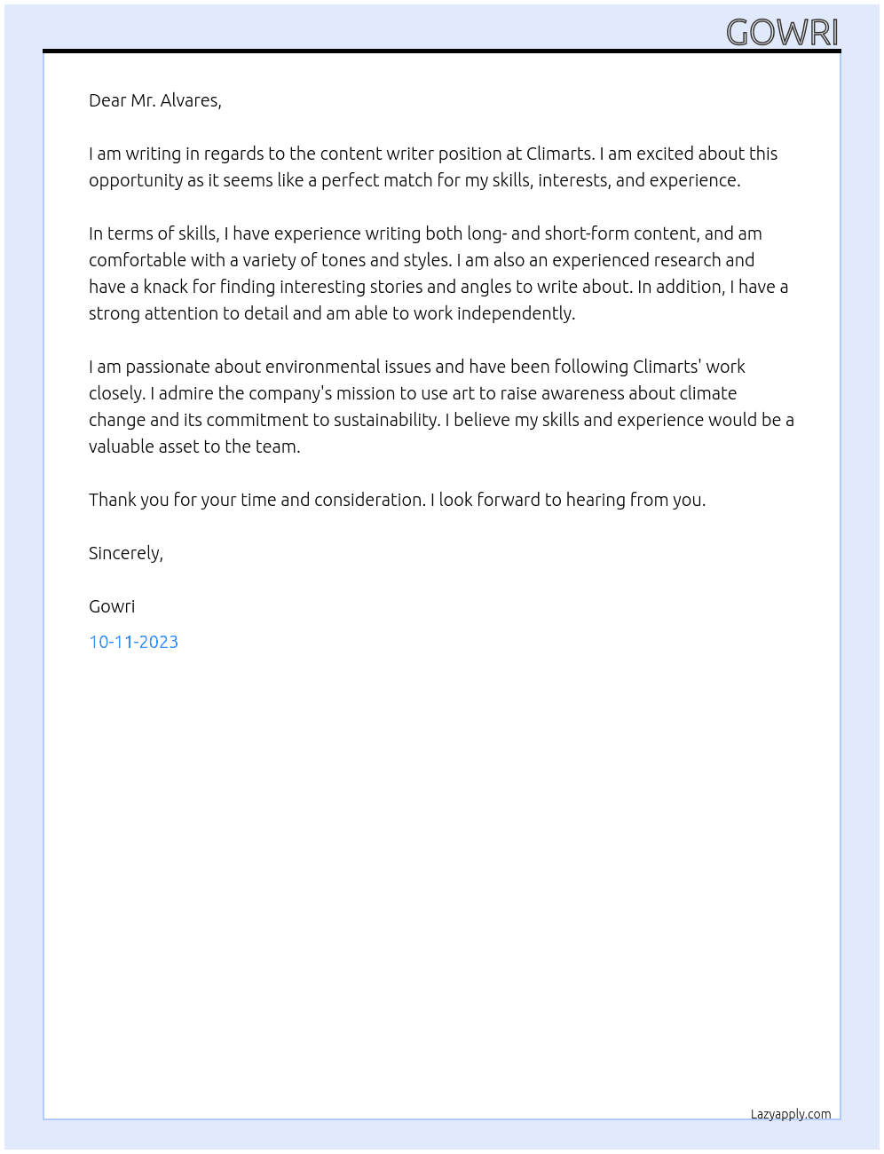Content writer  At Climarts Cover Letter