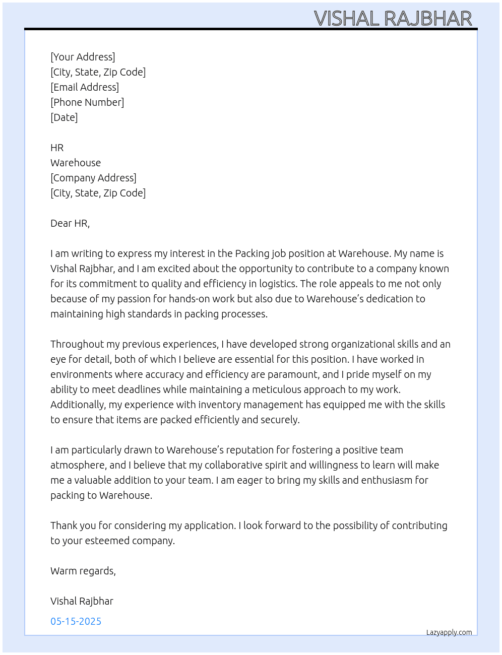 Packing job At Warehouse  Cover Letter