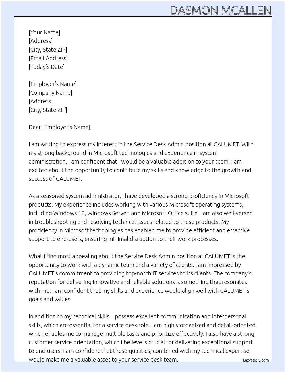 Service Desk Admin At CALUMET Cover Letter