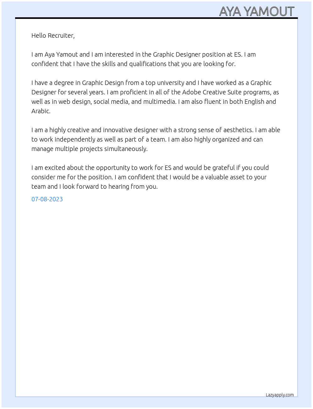 Graphic Designer  At ES Cover Letter