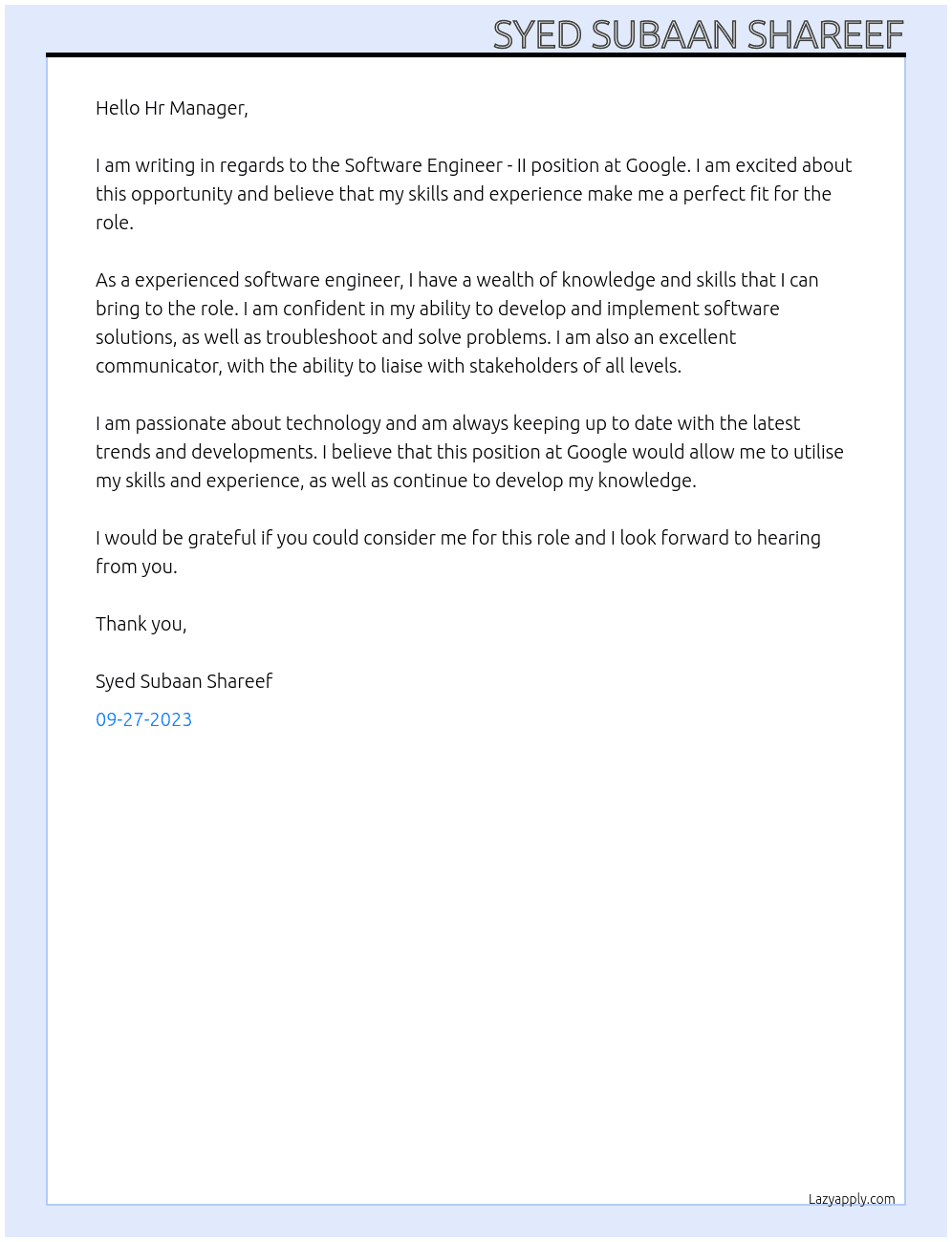 Software Engineer - II At google Cover Letter