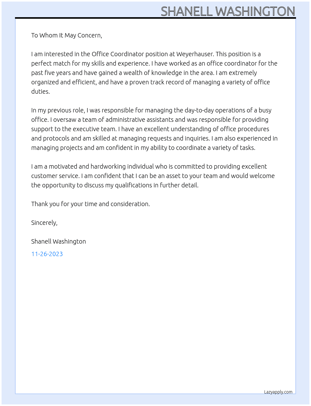 Office Coordinator At Weyerhauser Cover Letter