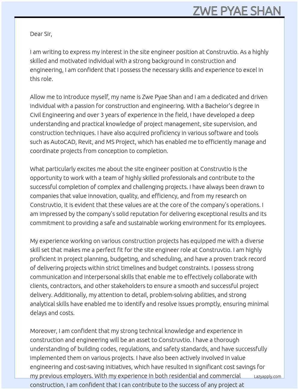 site engineer  At Construvtio Cover Letter