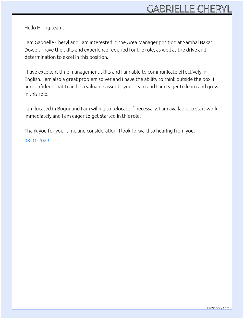 Area manager At Sambal Bakar Dower Cover Letter