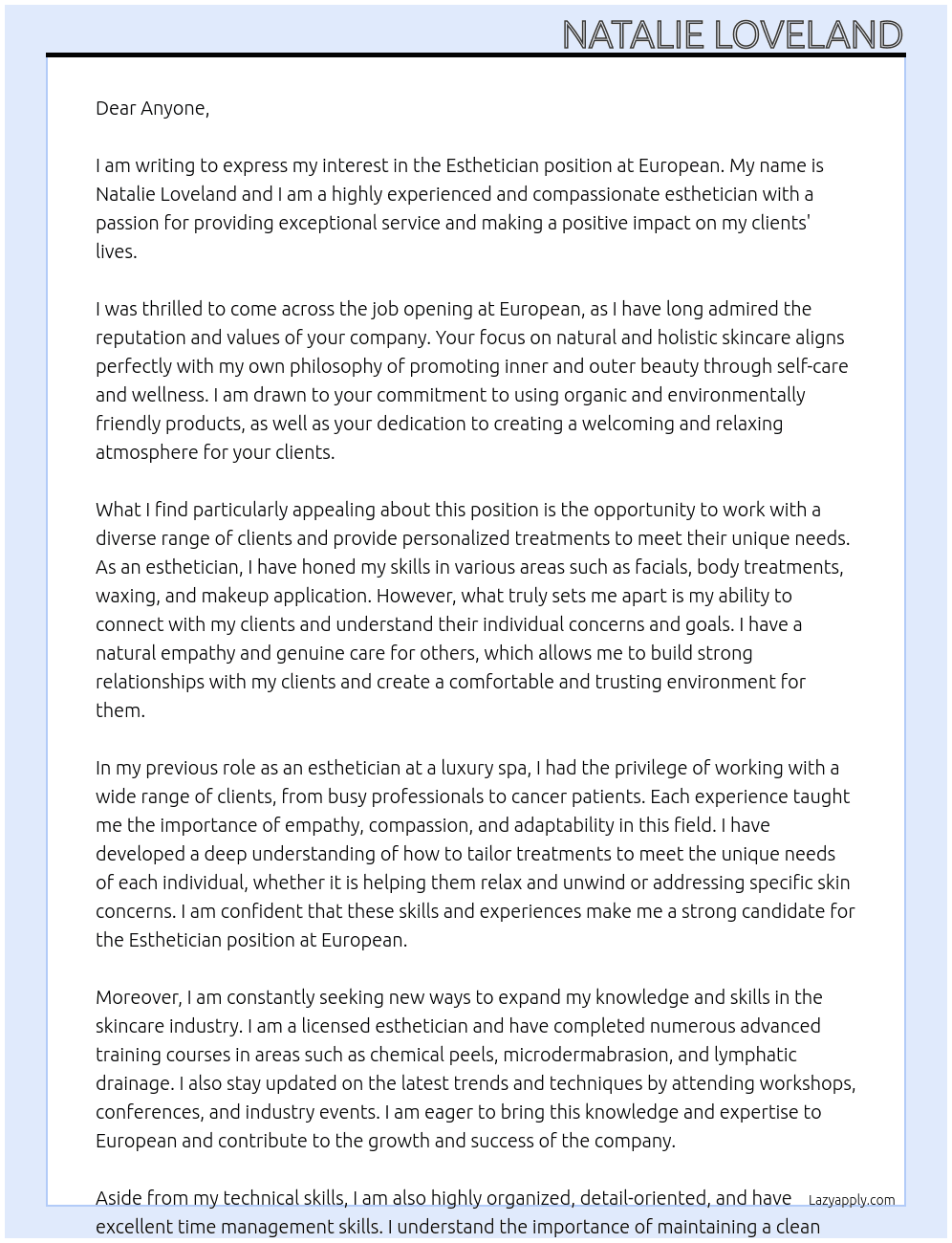 Esthetician At European Cover Letter