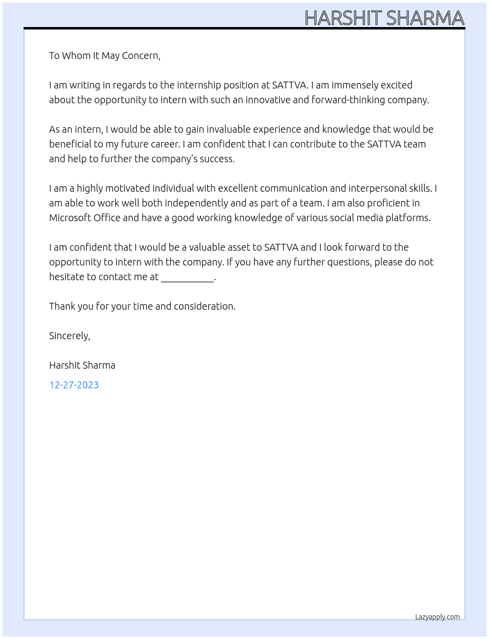INTERNSHIP At SATTVA Cover Letter