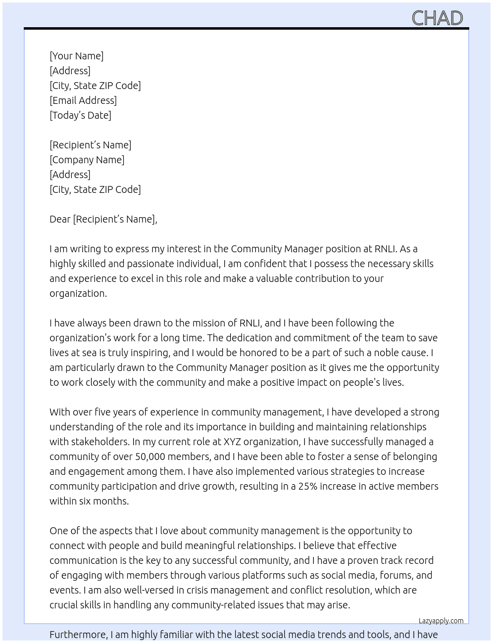 community manager At RNLI Cover Letter