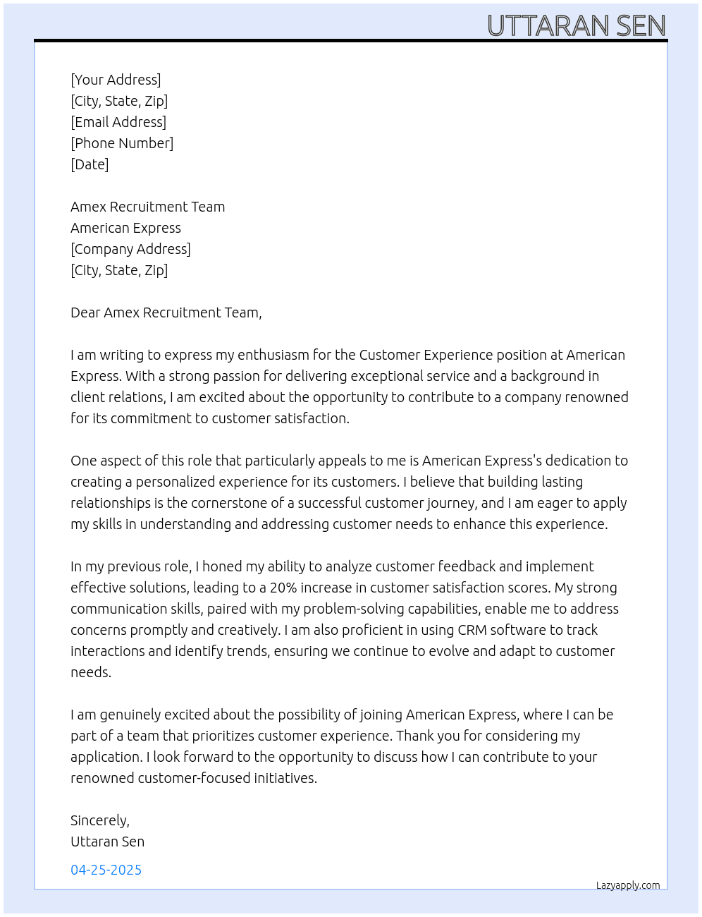 Cover letter for customer experience - LazyApply