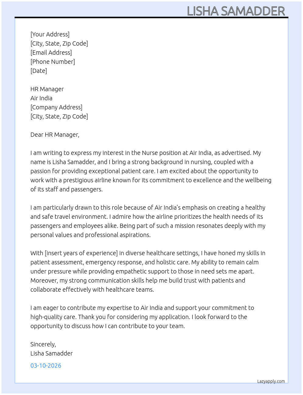 Nurse  At Air India  Cover Letter