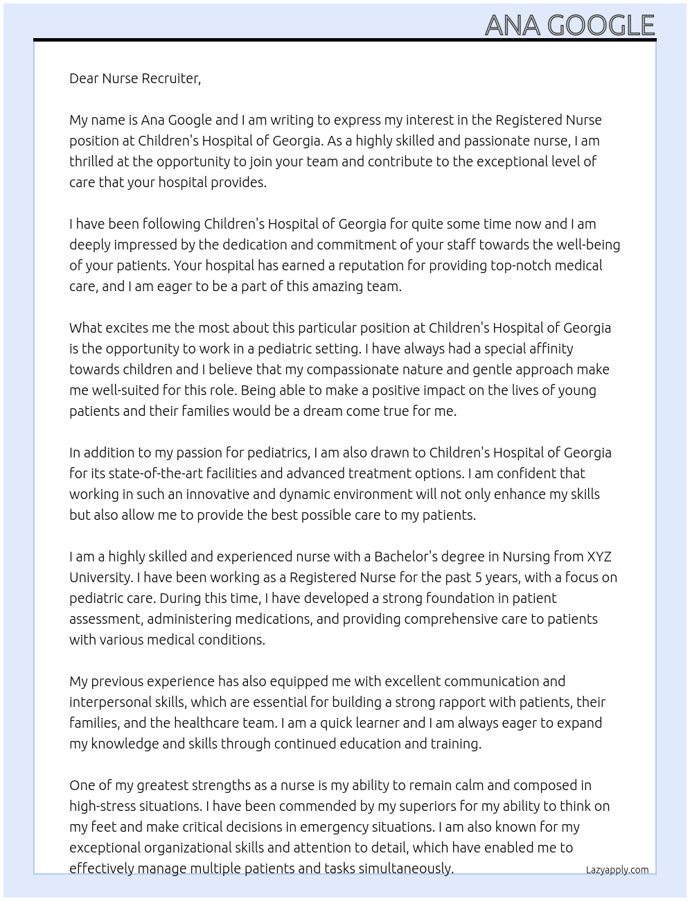 Registered nurse At Children's Hospital of Georgia Cover Letter