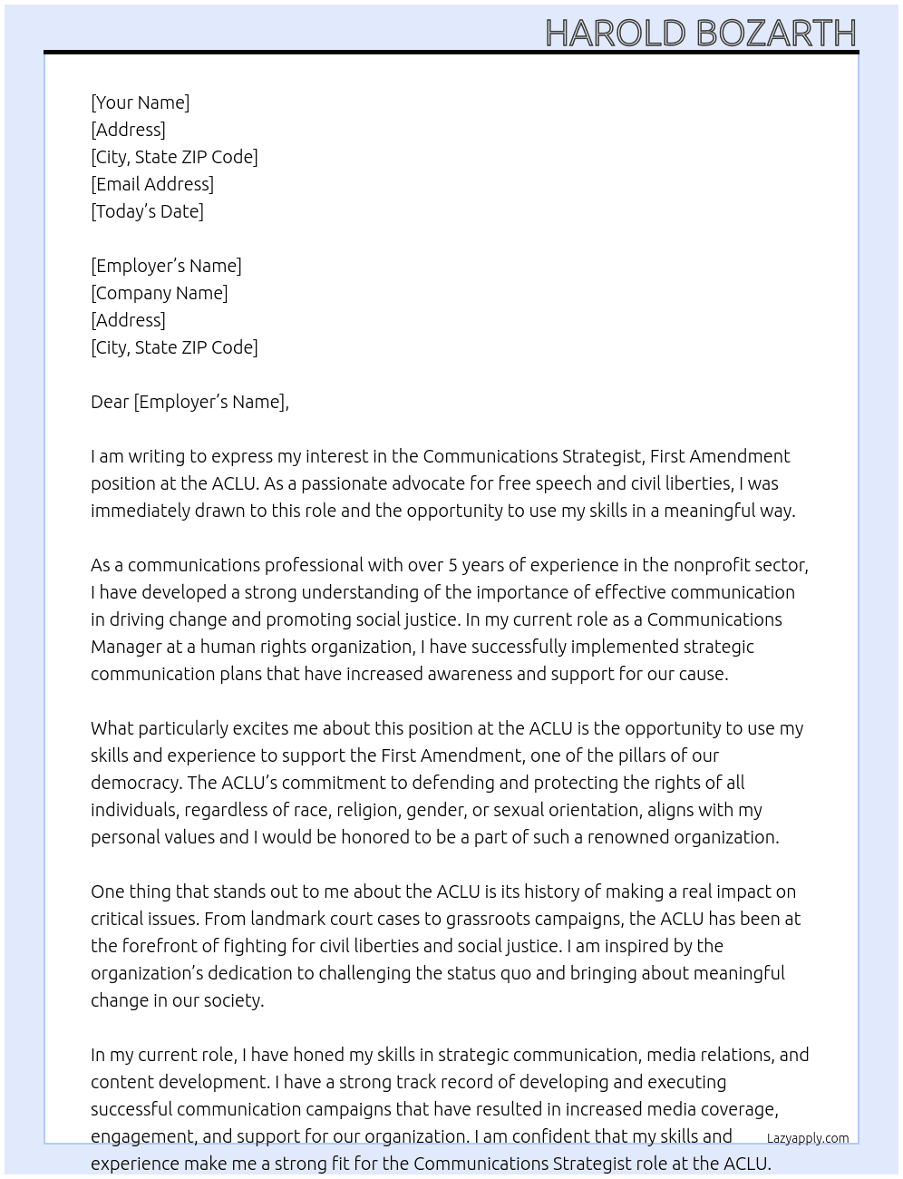 Communications Strategist, First Amendment At ACLU Cover Letter